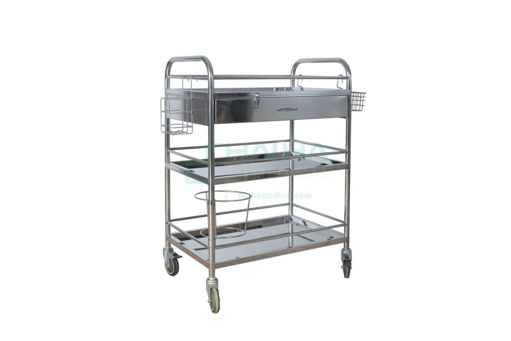 xe tiêm inox 3 tầng có ngăn kéo