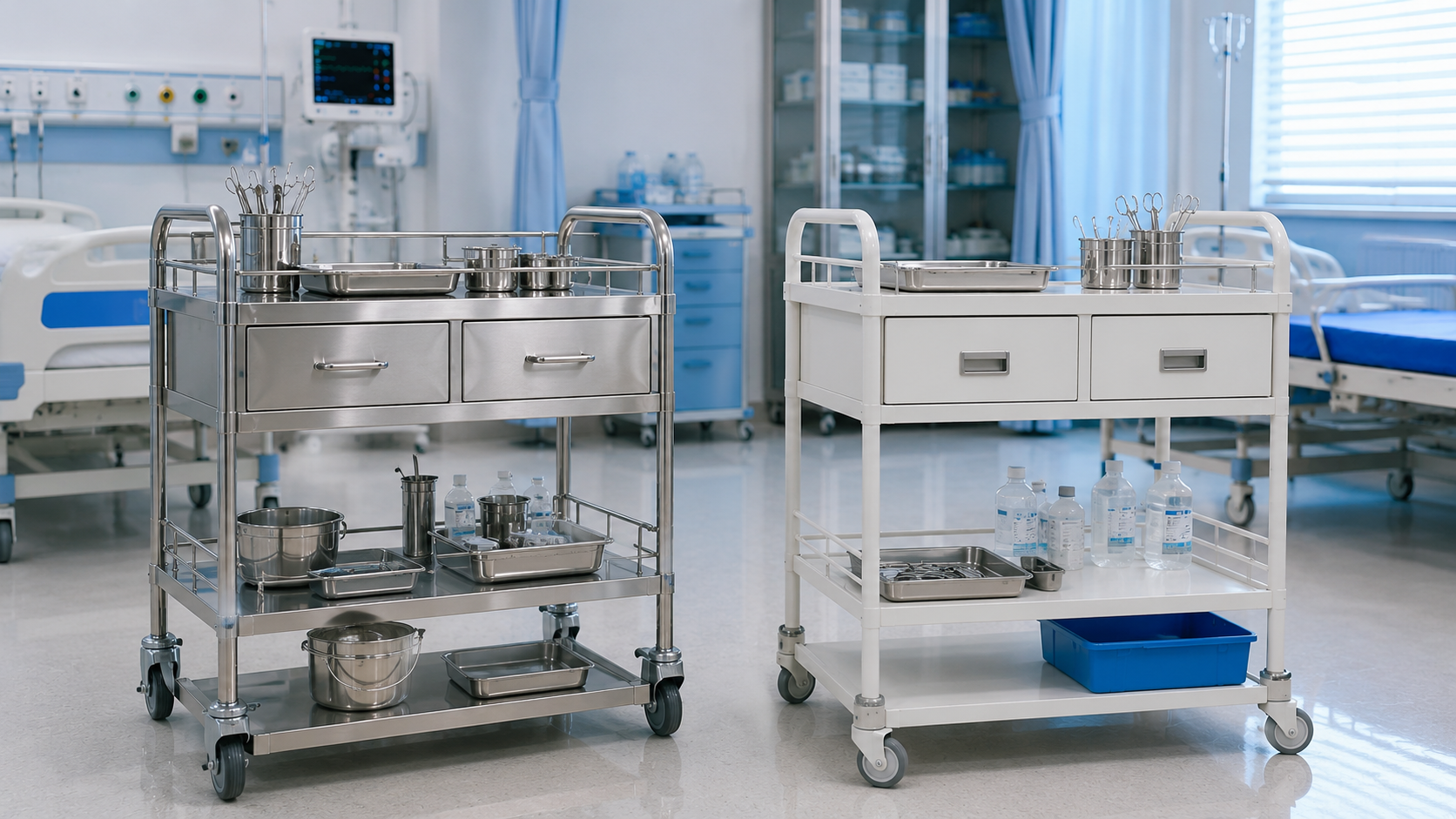 Xe tiêm inox hay sơn tĩnh điện — Đâu là lựa chọn phù hợp cho bệnh viện?